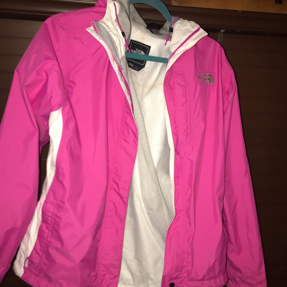 Pink and white north face rain jacket!